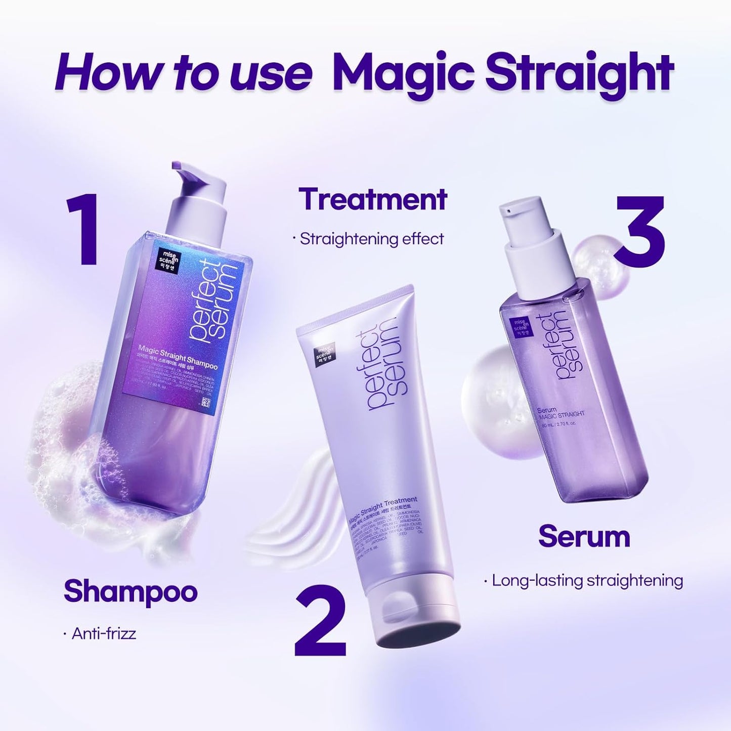 Mise En Scene Perfect Serum Magic Straight - Hair Taming Oil for Frizzy | Heat Protectant | Straightening Fixing | Humidity Hair Products | Coconut Oil | Sleek and Shine | Bergamot Scent, 2.70 Fl Oz