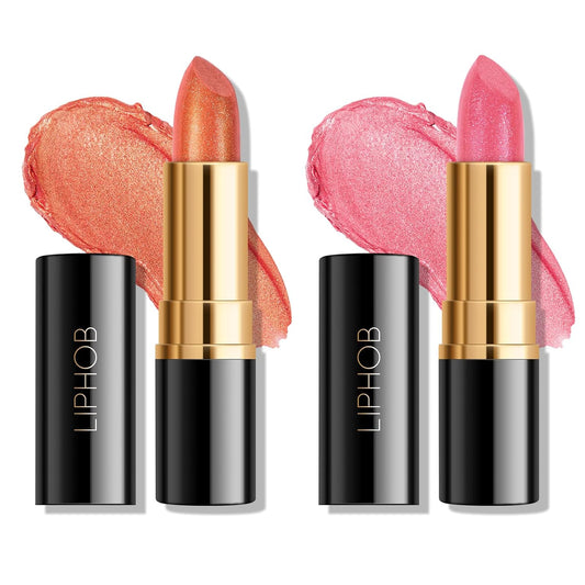 KYDA 2 Colors Shimmer Lipstick, Metallic Pearl Lipstick, Lasting Non-sticky Glitter Lips Color, High Glossy Lips Makeup for Women, Pink Siren+Coral Orange