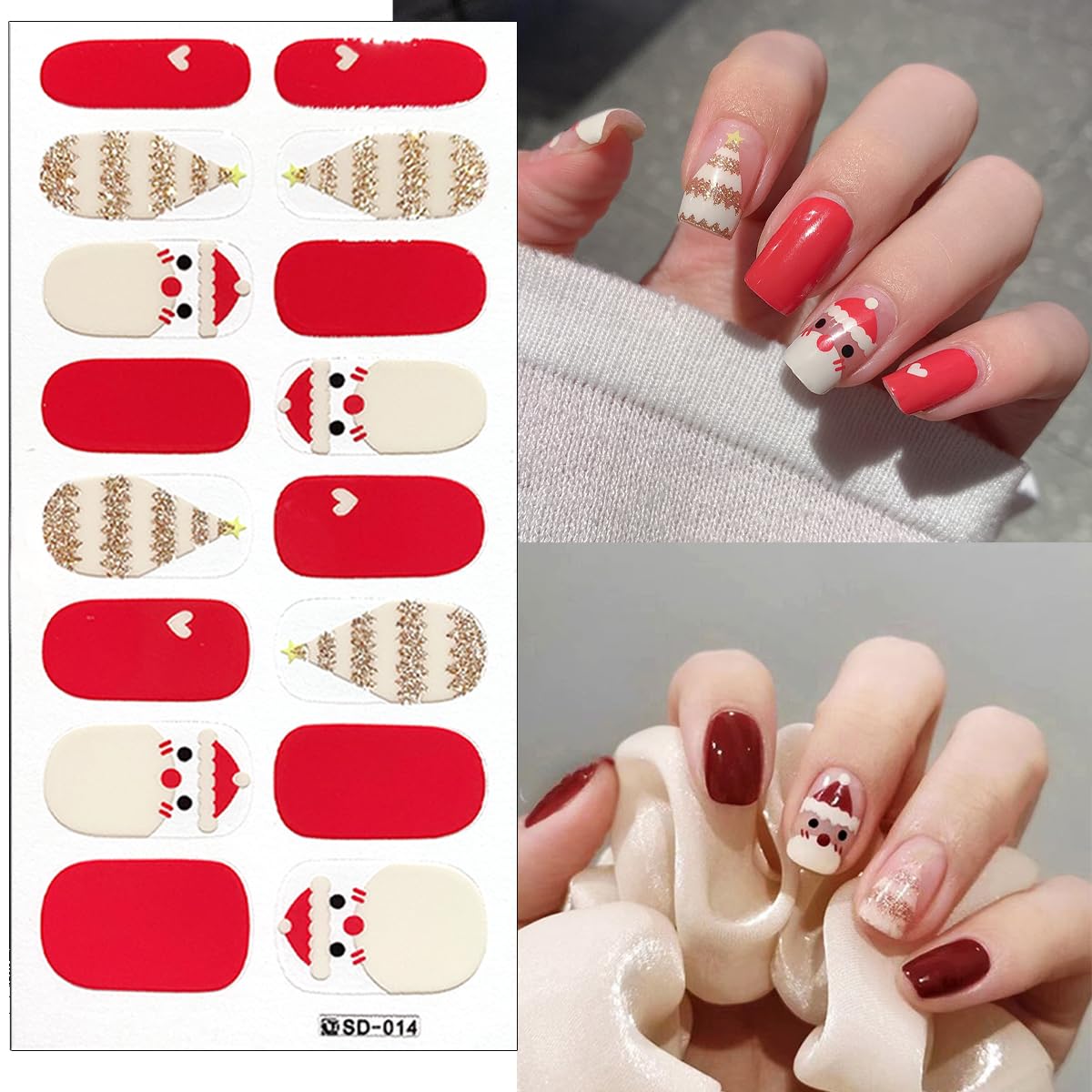 6Sheets Winter Gel Nail Stickers Christmas Full Wrap Gel Nail Strips Glitter Xmas Trees Reindeer Snowmen Nail Polish Stickers Cute Santa Claus French Gel Nail Decals Christmas Stickers for Nail Art