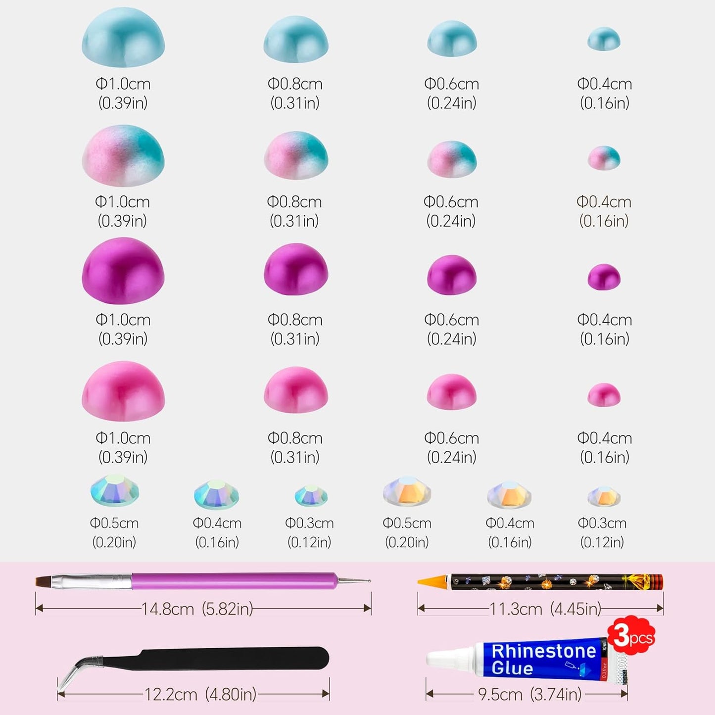 60g Mermaid Pearls Rhinestones for Crafts Mixed Size 3mm-10mm AB Color Round Half Pearls Flatback Pearl Beads and Resin Rhinestones Set for Face Art with Gel