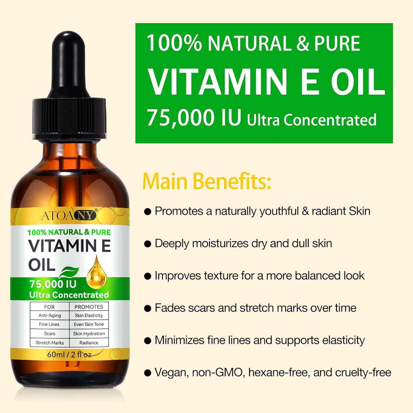 2 Pack Vitamin E Oil, 75,000 IU Organic Pure Vitamin E Oil for Tightening Plump Skin, Reduce Fine Lines & Scars, Moisturizing Skin, Face & Full Body