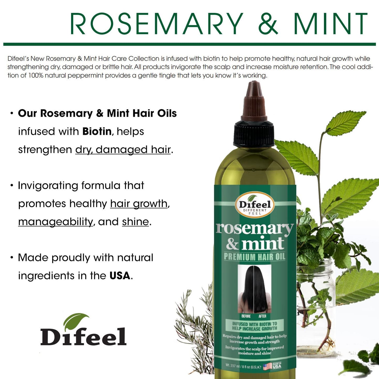 Difeel Rosemary and Mint Premium Hair Oil with Biotin 8 oz. - Made with Natural Mint & Rosemary Oil for Hair Growth