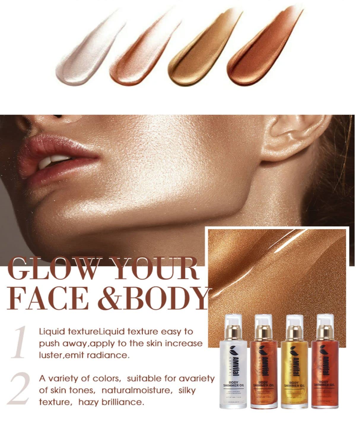 Shimmer Body Oil Golden Brown, Illuminator Highlighter for Face & Body Makeup Shine, Non-Sticky Body Moisturizing For All Skin Types, Fast Absorbing & lightweight Body Oil For Women
