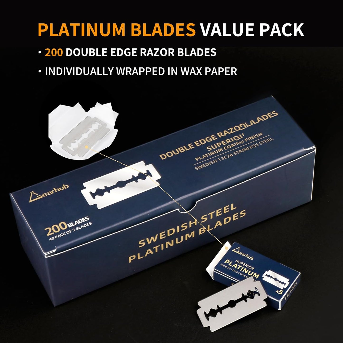 Gearhub Premium 200 Count Double Edge Safety Razor Blades Refills Swedish 13C26 Stainless Steel Platinum Coated, Mild to Medium Sharpness for Smooth Shaves