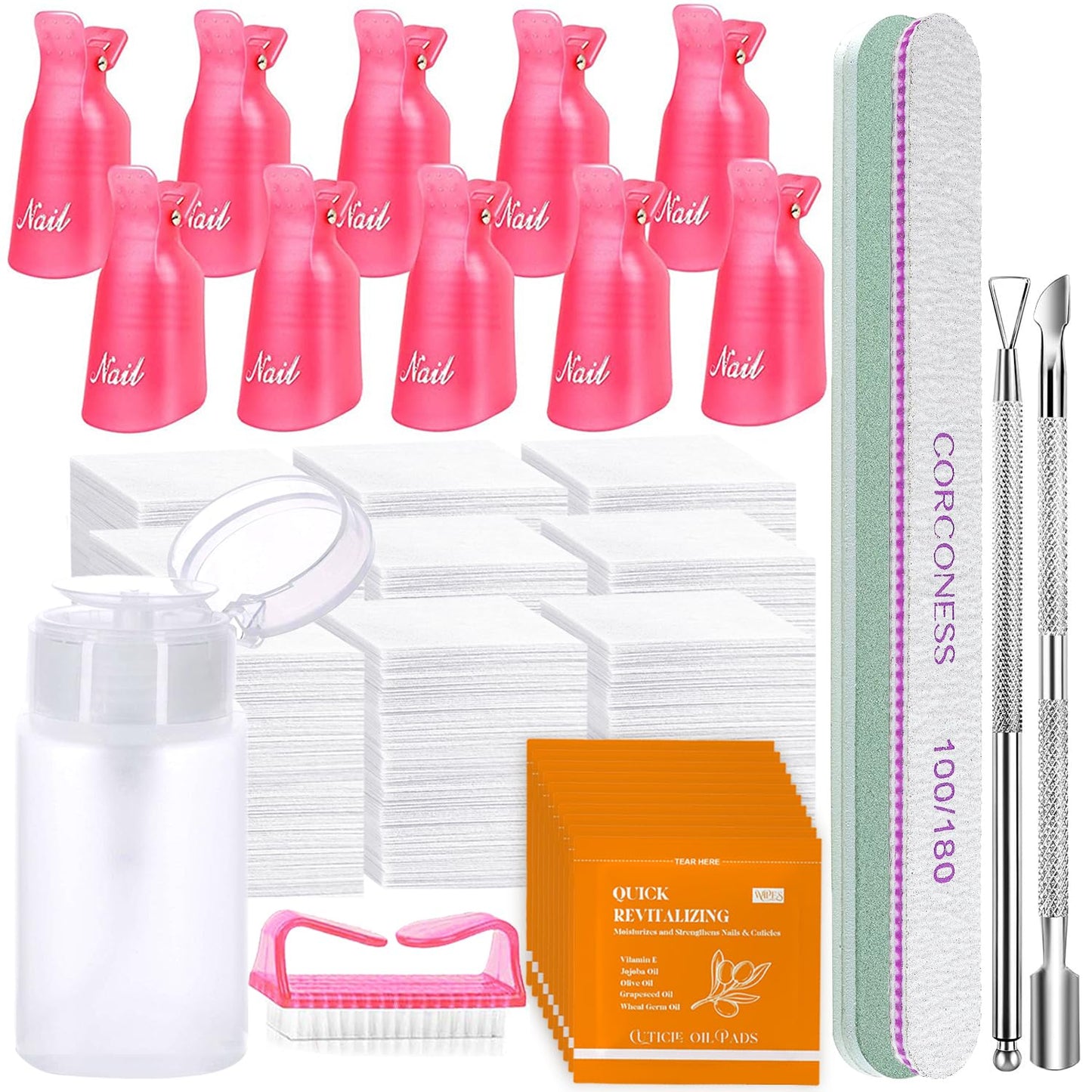 Gel Nail Polish Remover Tools Kit with 10PCS Nail Clips,100ML Nail Polish Remover Bottle,Nail File, Buffer Block,Cuticle Pusher/Peeler,Lint Free Wipes,Nail Brush,Nail Care Cuticle Pads