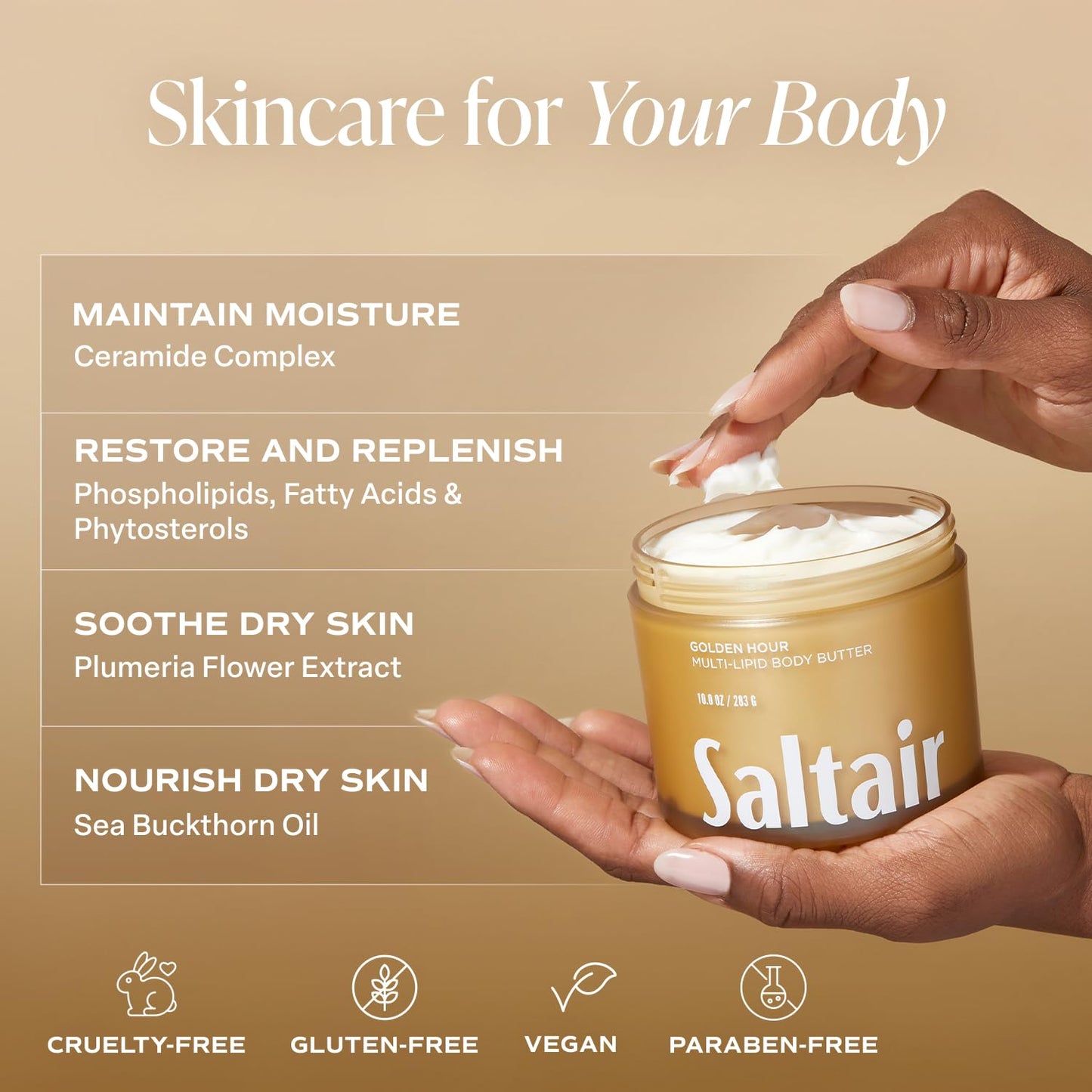 Saltair Multi-Lipid Body Butter - Rich, Nourishing Golden Hour Hydrating Body Cream with Ceramide Complex, Coconut Oil, Shea Butter, and Sea Buckthorn. Deep Moisturizing Dry Skin Care. 10oz Jar