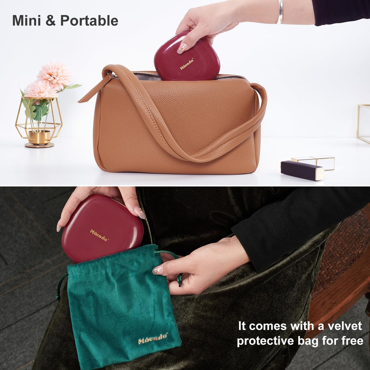 Mocado Compact LED Travel Makeup Mirror - 4 Inches 1X/10X Magnification Travel Mirror with Light Dimmable Double Sides Lighted USB Rechargeable Compact Mirror for Purse,Pocket,Travel(Wine Red)