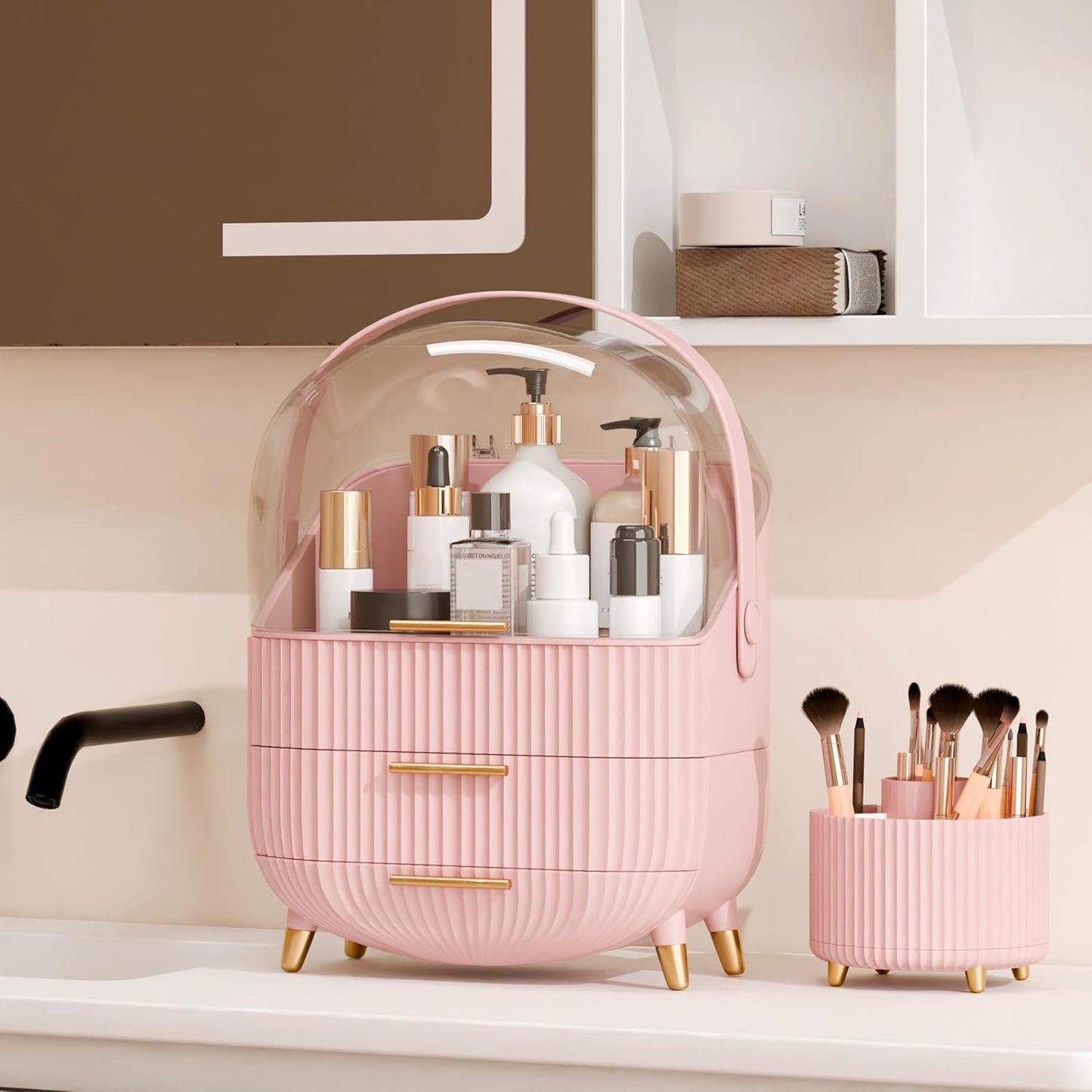 Makeup Organizers and Storage Make up Organizer for Vanity Cosmetics Skincare With Lid and Drawers Display Cases for Countertop Bathroom Women Teenager Girl Gifts(Pink+Brush Holder)