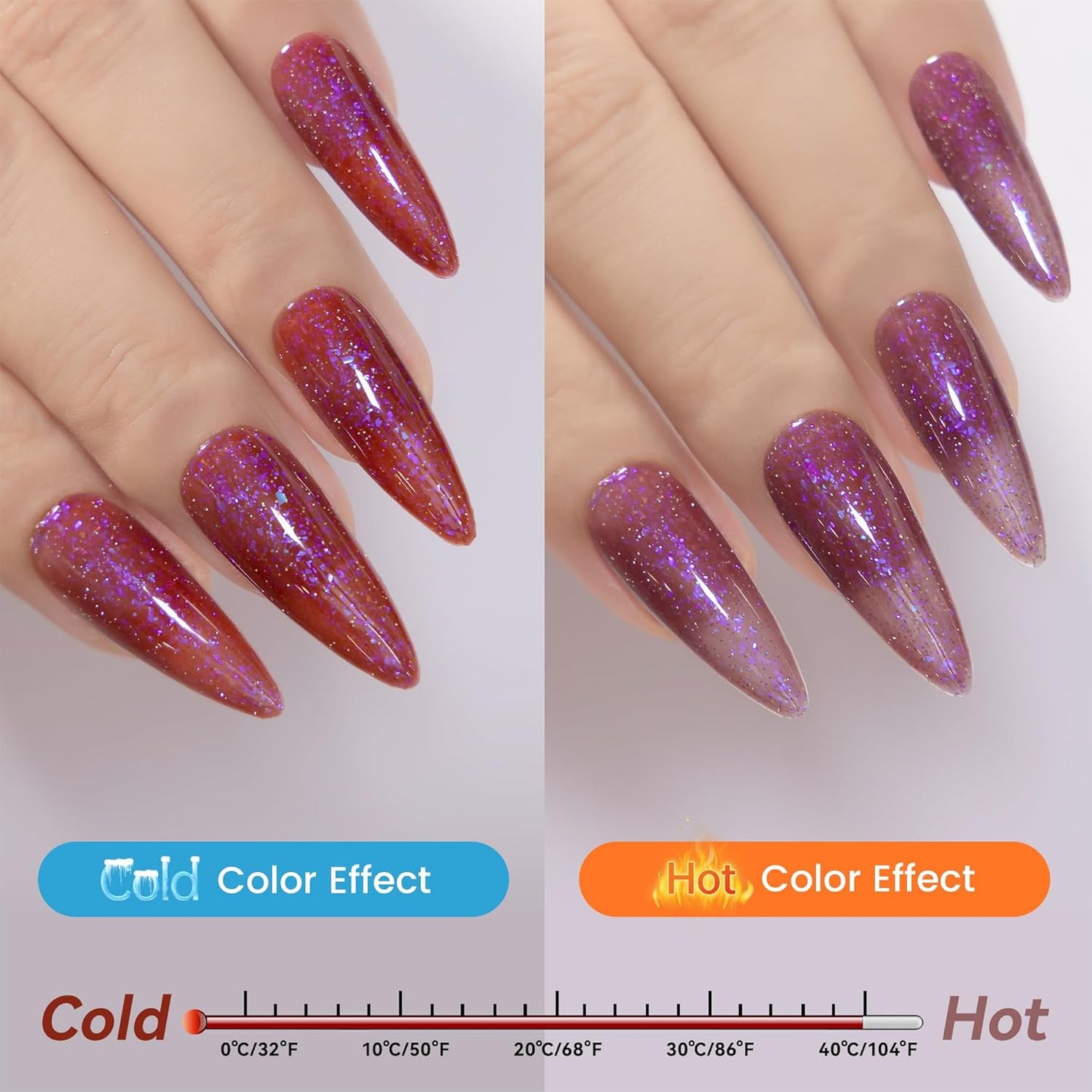 YTD Likomey Brocade Glitter Color Changing Gel Nail Polish,15ml Light Purple To Jujube Red Shimmer Mood Temperature Change Colors Iridescent Flakes,Fall Winter Thermal UV Nail Gel,WB340