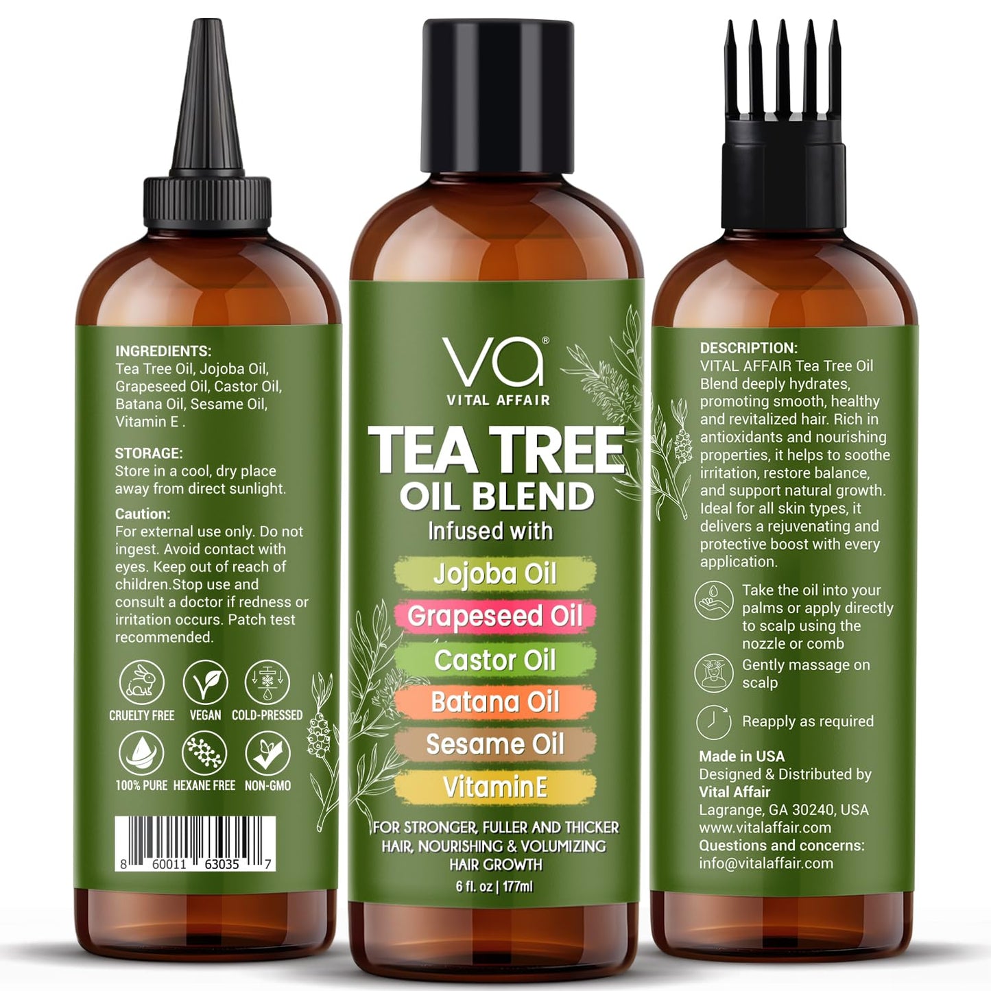 Tea Tree Oil For Hair With Jojoba, Castor, Batana Oil - Tea Tree Hair And Scalp Treatment - Hair Oil For Dandruff - Helps Strengthen, Volumize & Promotes Hair Growth - 6 Fl Oz
