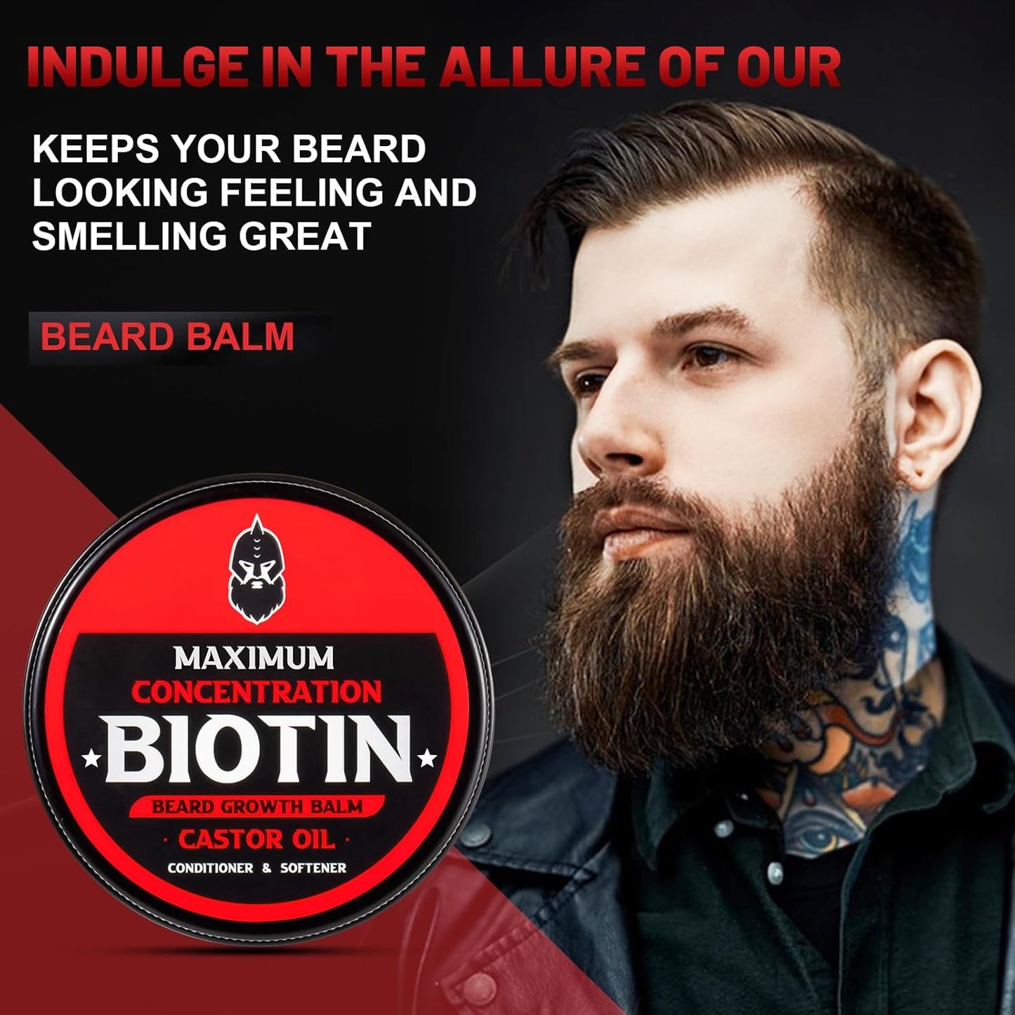 Beard Balm, Maximum Concentration Biotin, with Castor Oil and Argan & Jojoba Oils, Promotes Beard Growth, Styles, Strengthens & Softens Beards & Mustaches, 2 Ounce,Unscented