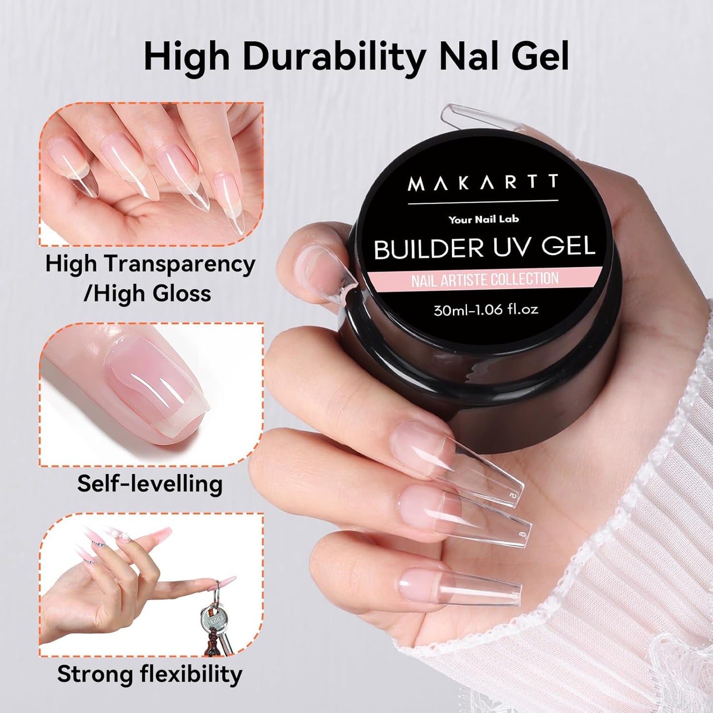Makartt Clear Gel Builder: Nail Extension, Strong, Self-Levelling, Long Lasting for Strengthener Sculpture Broken Nails Repair Protection, UV LED Lamp Cure Required, Home Salon DIY Manicure 1.06 oz