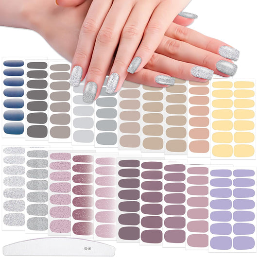 WOKOTO 20 Sheets Self-Adhesive Nail Polish Stickers with 1pcs Nail File Full Nail Wraps Nail Art Stickers Gray Series Gel Nail Strips Kit for Girls Women Stick On Nails Polish Strips for Nails