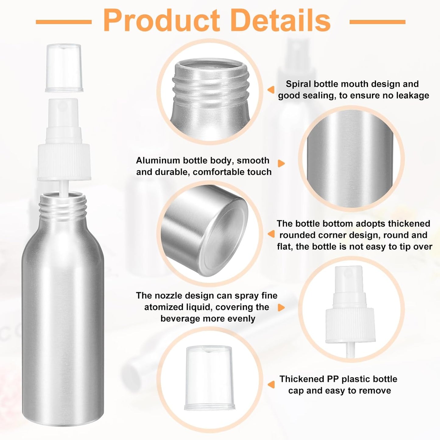 HARFINGTON 3pcs Aluminum Fine Mist Spray Bottles 100ml/3.4oz Metal Small Liquid Alcohol Refillable Travel Container with White Plastic Nozzle Cap for Perfume Skincare Cosmetic Storage Bottle