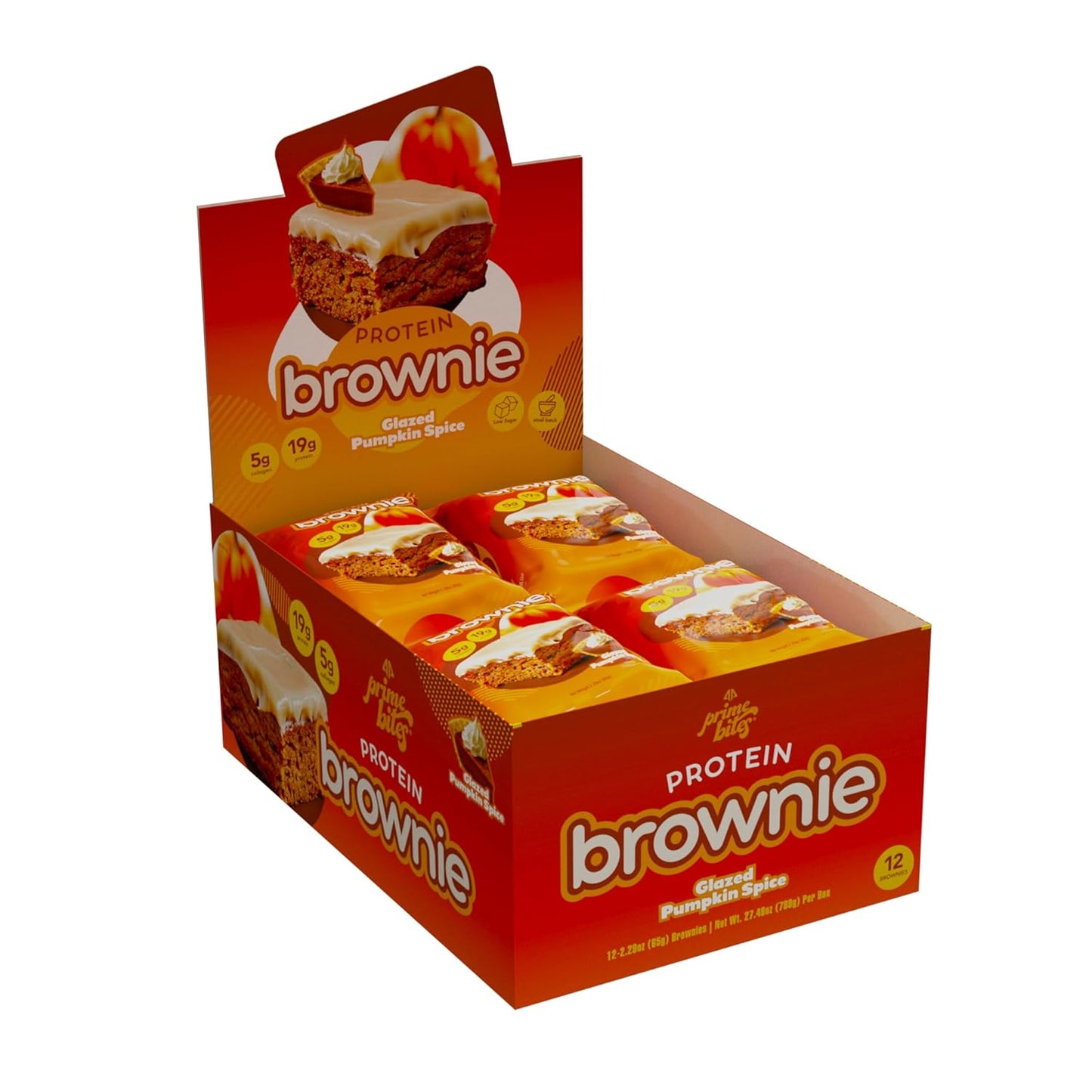 Prime Bites Protein Brownie from Alpha Prime Supplements | High Protein, Collagen Fortified Low Sugar Treat | Delicious Snack | 12 Bars per Box (Glazed Pumpkin Spice)