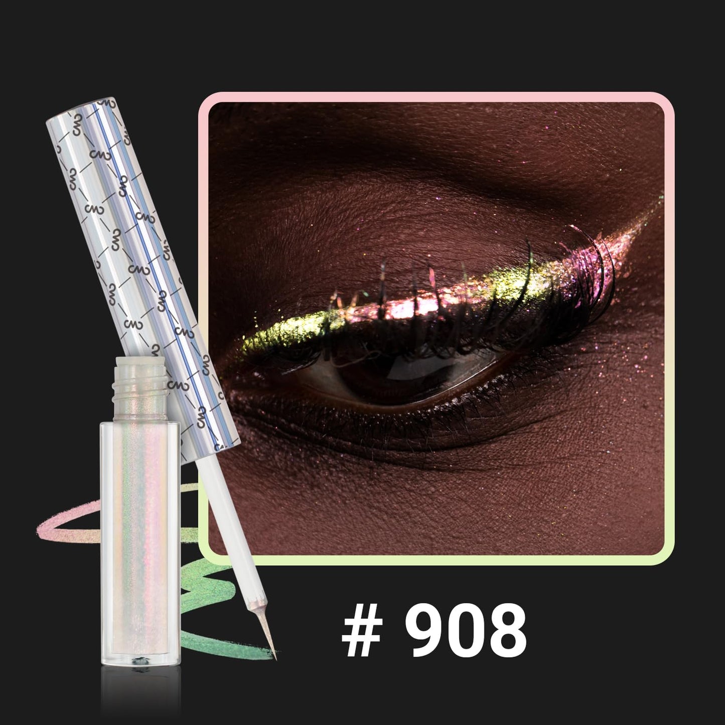 CHARMACY Multichrome Liquid Eyeliner, Glitter Chameleon Liquid Eyeshadow Eyeliner Makeup,High Pigmented with Waterproof &Smudge Proof Formula,Longwearing,Ultra-Fine Tip,PALE PINK YELLOW 908