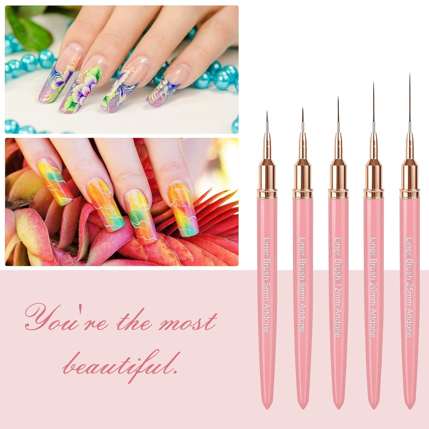 Artdone Metallic Nail Art Pens, Liner Brushes Set, 5PCS Pink Color Nail Tools For Long Lines, Thin Details, Fine Drawing, Liner Brush UV Gel Polish Painting Nail Design Sizes 5/8/12/20/25mm