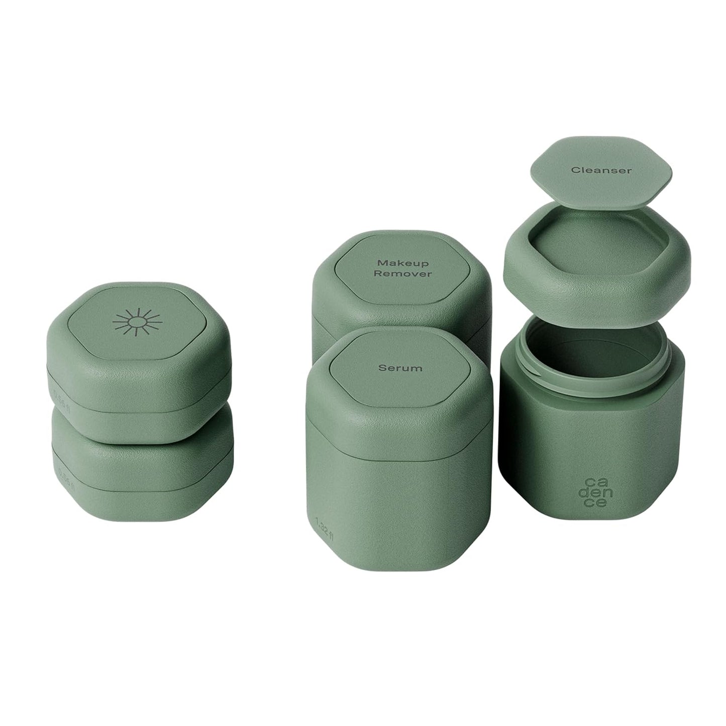 Cadence Travel Containers - Core Skincare Set - Magnetic Containers with Lids,2 Small (0.56oz) & 3 Medium (1.32oz) - Cleanser, Moisturizer, Serum, Makeup Remover & Sun Icon Labels - Eucalyptus