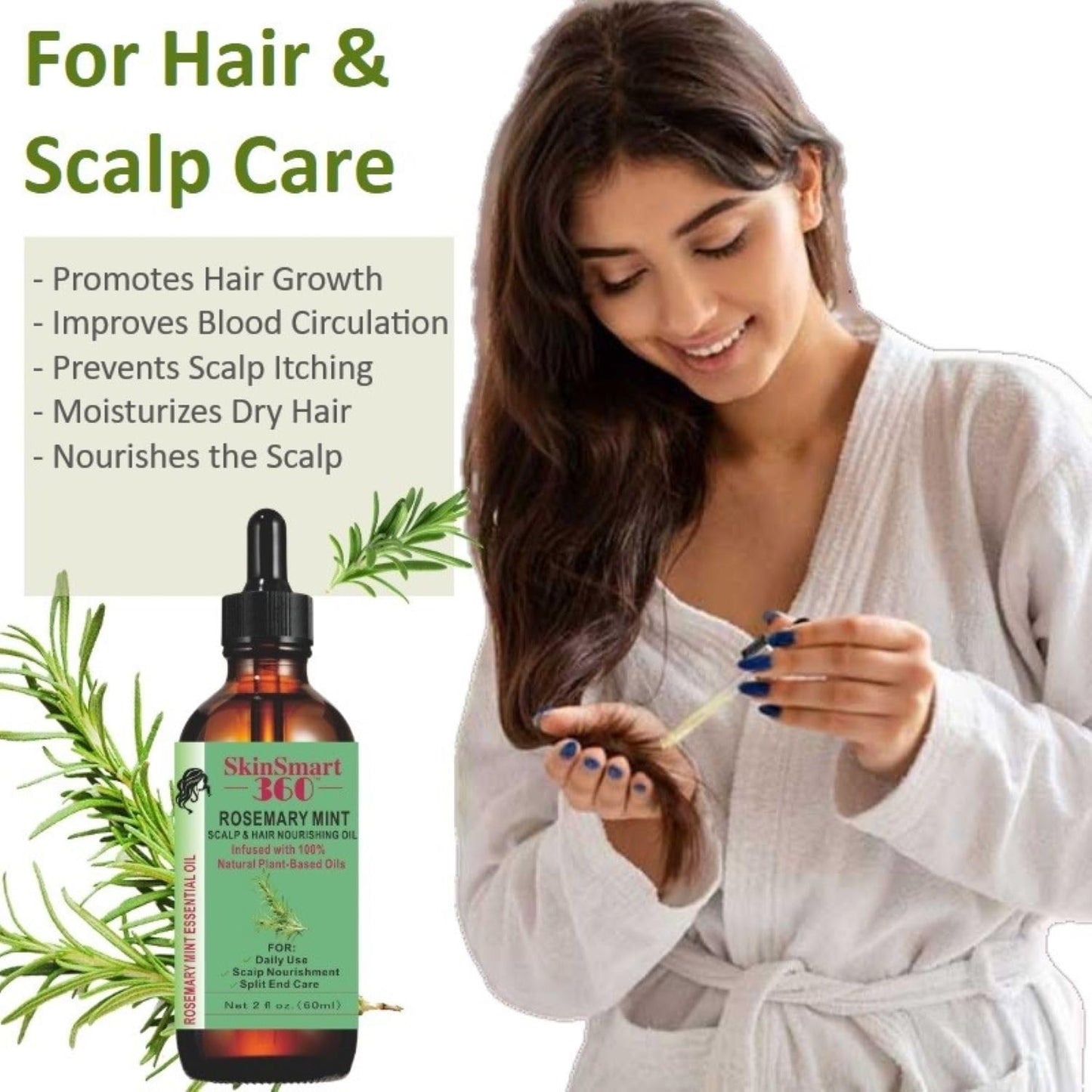 SkinSmart 360® Rosemary Mint Hair Growth Oil & Scalp Care – 100% Natural, Plant-Based, Non-Greasy Formula for Hair, Eyebrows & Lashes – 60ml, Pack of 1