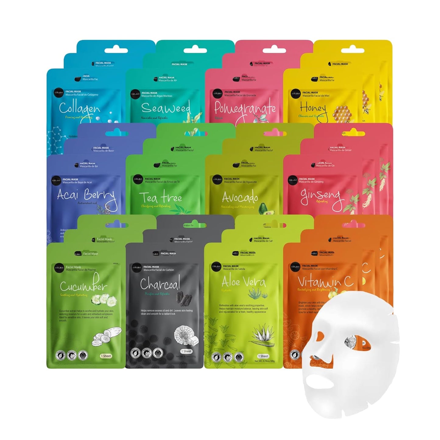 Celavi Essence Facial Sheet Face Mask Variety Set Classic Authentic Korean Moisturizing Skincare (Variation 1, 12 Count (Pack of 3))