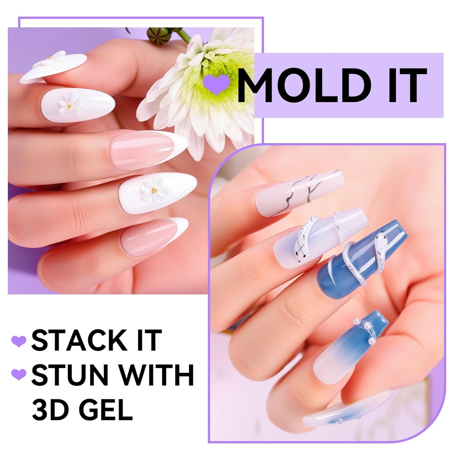 Makartt 3D Gel Nail Art: 4 in 1 White Solid Gel Builder Diy Kit for 15ML Nail Extension Gels, 4pcs Silicone Molds, 1 sculpture Brush, Nails Art Glue for Acrylic Nails Carving Manicure for Home Salon