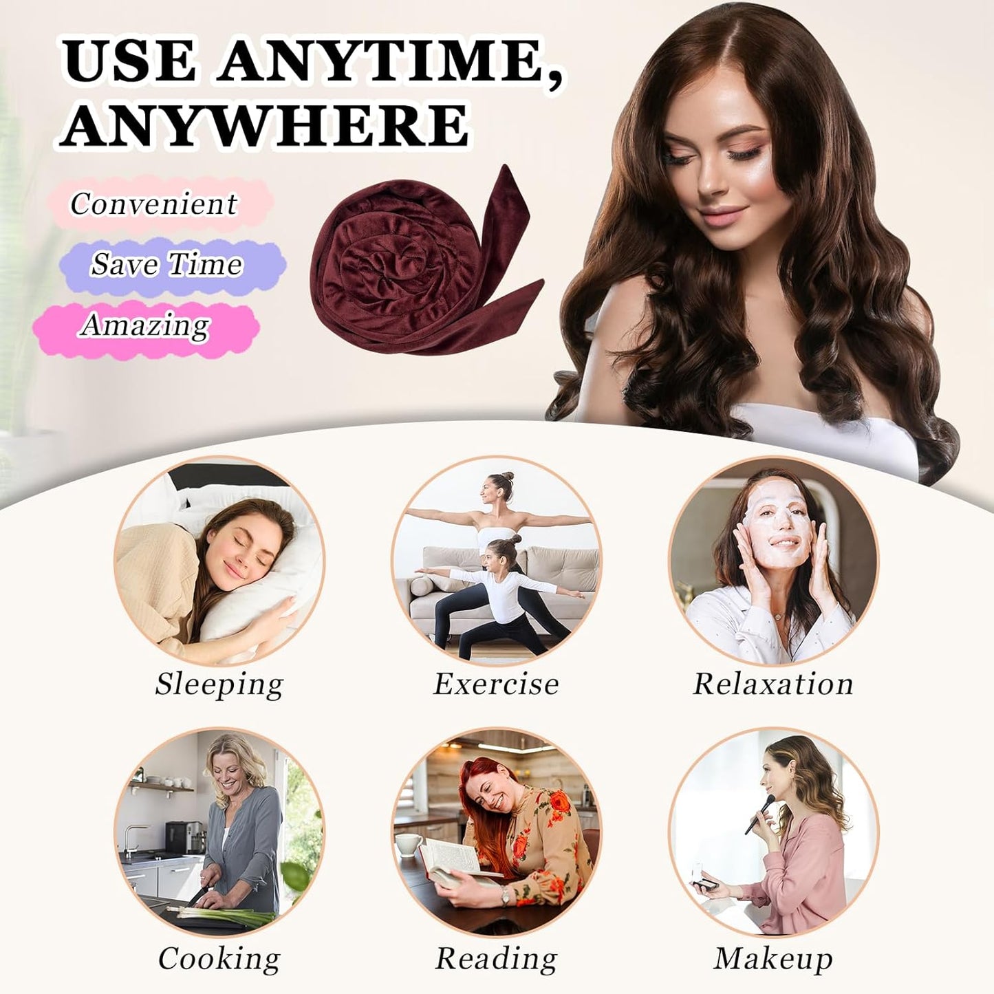 No Heat Overnight Hair Curlers - 70" Soft Ribbon Curl Wrap with 9 Curling Rods, Headband for Long Hair Rollers - Burgundy