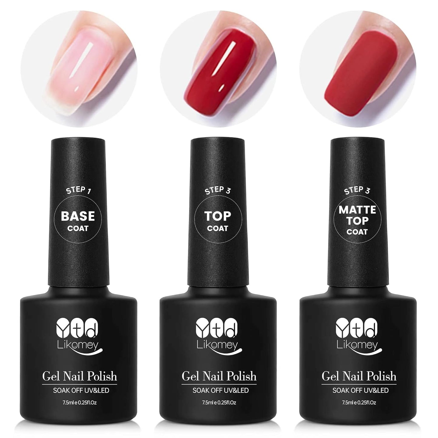 YTD Likomey Gel Nail Polish Base Coat and Top Coat Kit,Long Lasting No Wipe Glossy Matte Coat UV Nail Gel Set,3 Pcs 7.5 ml