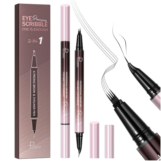 2 Pack Eyebrow Pen, Waterproof Microblading Eyebrow Pencil, 2-in-1 4 Tip Eye Brow Makeup Pen for Women with Precise Curved Brush-Tip Create Natural Hair-Like Brows, Last All-Day (Natural Black)