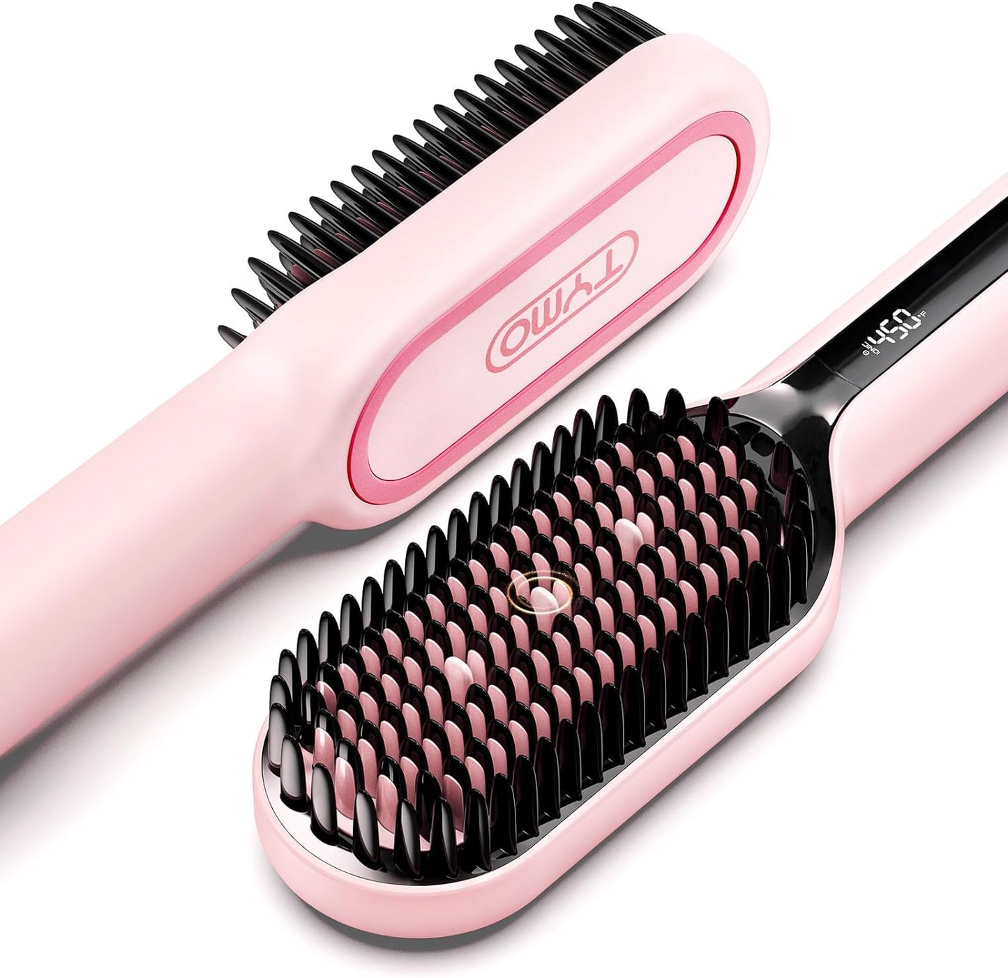 TYMO Hair Straightener Brush - Upgraded Ionic Plus Straightening Brush with Dense Bristles, 16 Temps, Dual Voltage | Ceramic Hot Comb for Women | Flat Iron for Thick Curly Hair, Pink