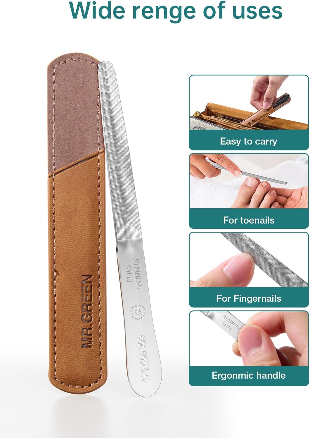 MR.GREEN Curved Nail File – Double-Sided Metal Nail File for Men & Women with Protective Travel Case, Ergonomic Anti-Slip Handle, Washable & Reusable, for Fingernails & Toenails