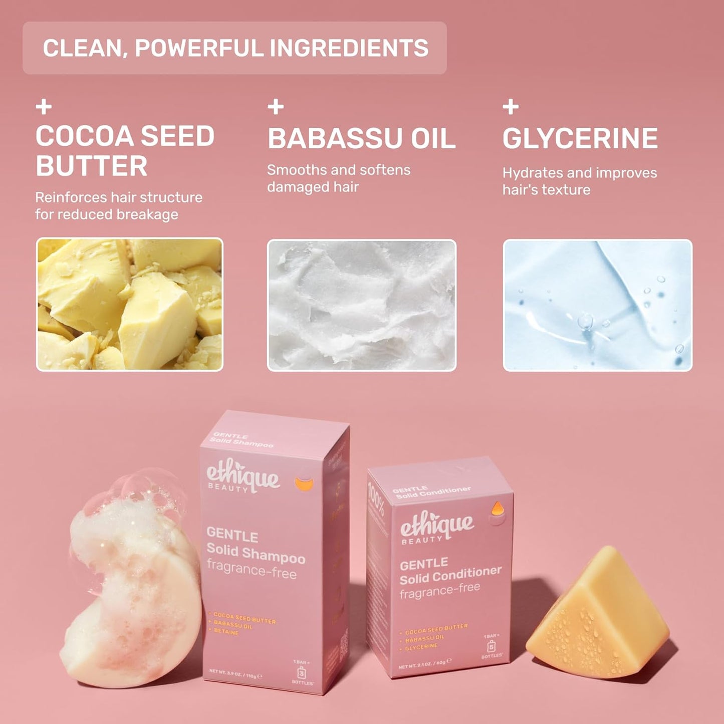 Ethique Gentle Unscented Shampoo Bar with Cocoa Butter - Plastic-Free, Cruelty-Free, Vegan, 3.88 oz - Formerly Bar Minimum