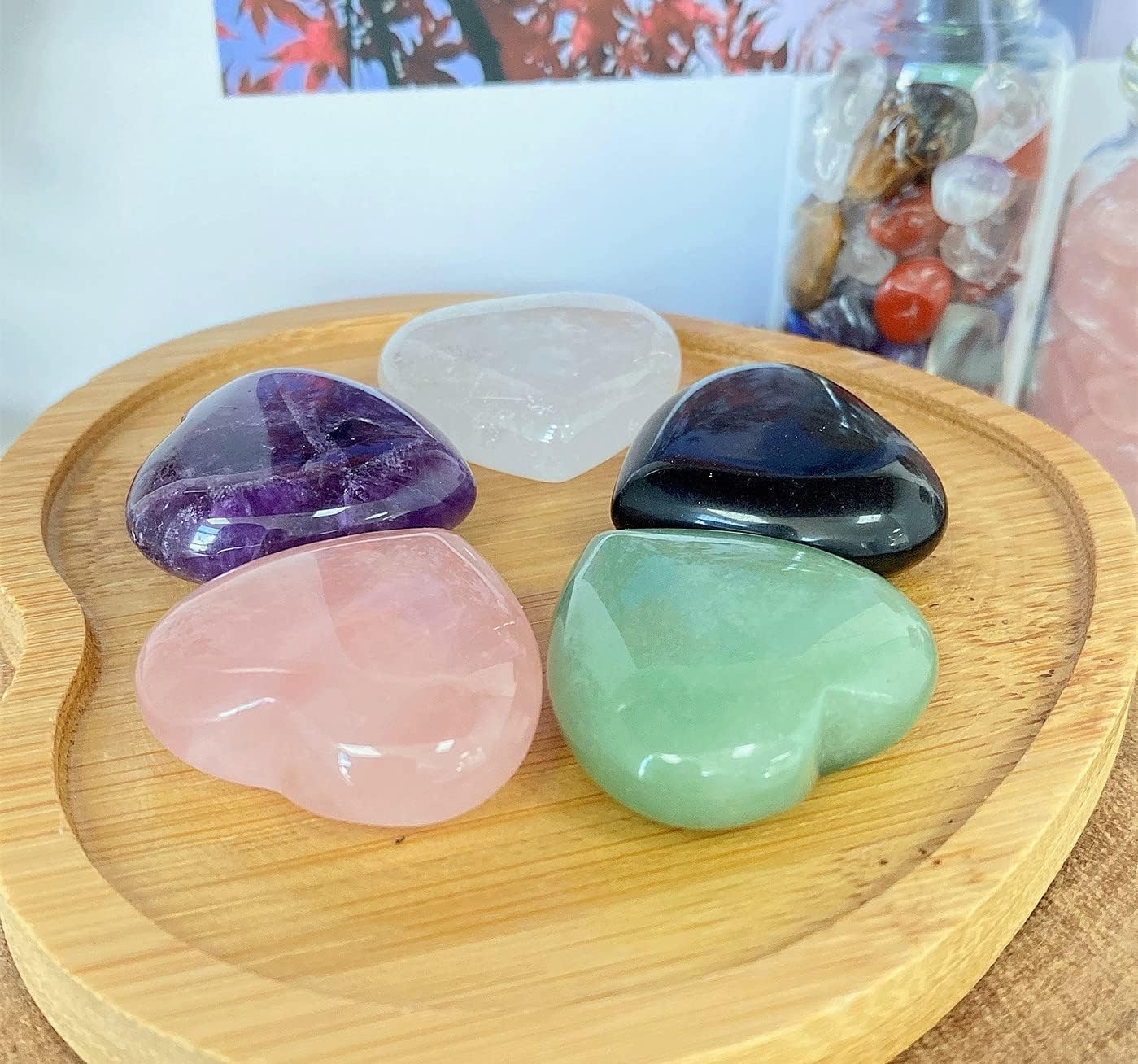 QINJIEJIE 5Pcs 1.2" Rose Quartz Heart Crystals Amethyst Healing Crystal Love Stone Polished Thumb Palm Natural Worry Gemstones Reiki Balancing