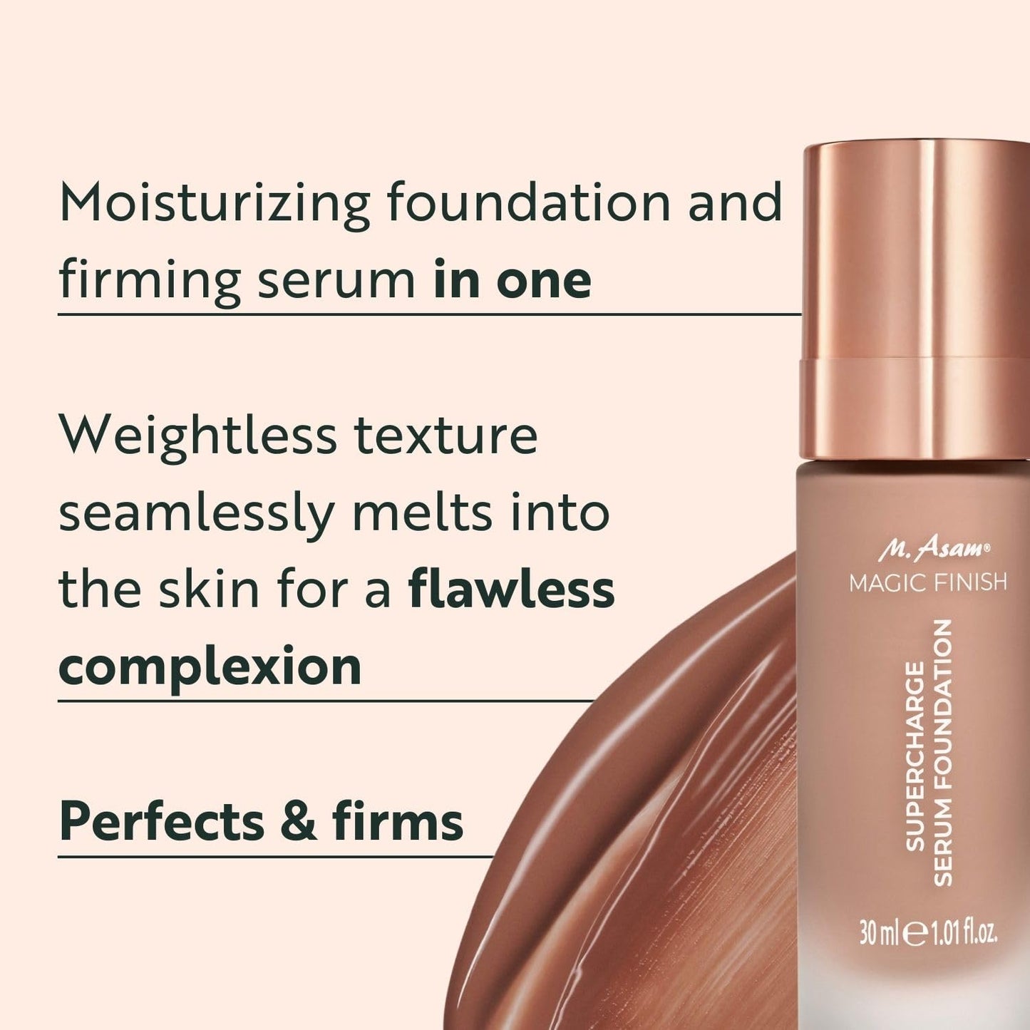 M. Asam MAGIC FINISH Supercharge Serum Foundation Deep Almond (1.01 Fl Oz) - Moisturizing Make Up & Firming Face Serum In One, Anti-aging CC Cream With Optimal Coverage & Hyaluronic Acid