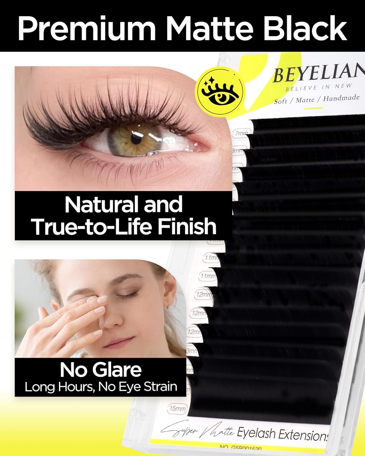 BEYELIAN Eyelash Extension 0.05 D Curl 7-15mm Mixed Tray Easy Fan Lash Extensions Volume Lashes Professional Use Natural Matte Black (0.05 D 7-15mm Mix)