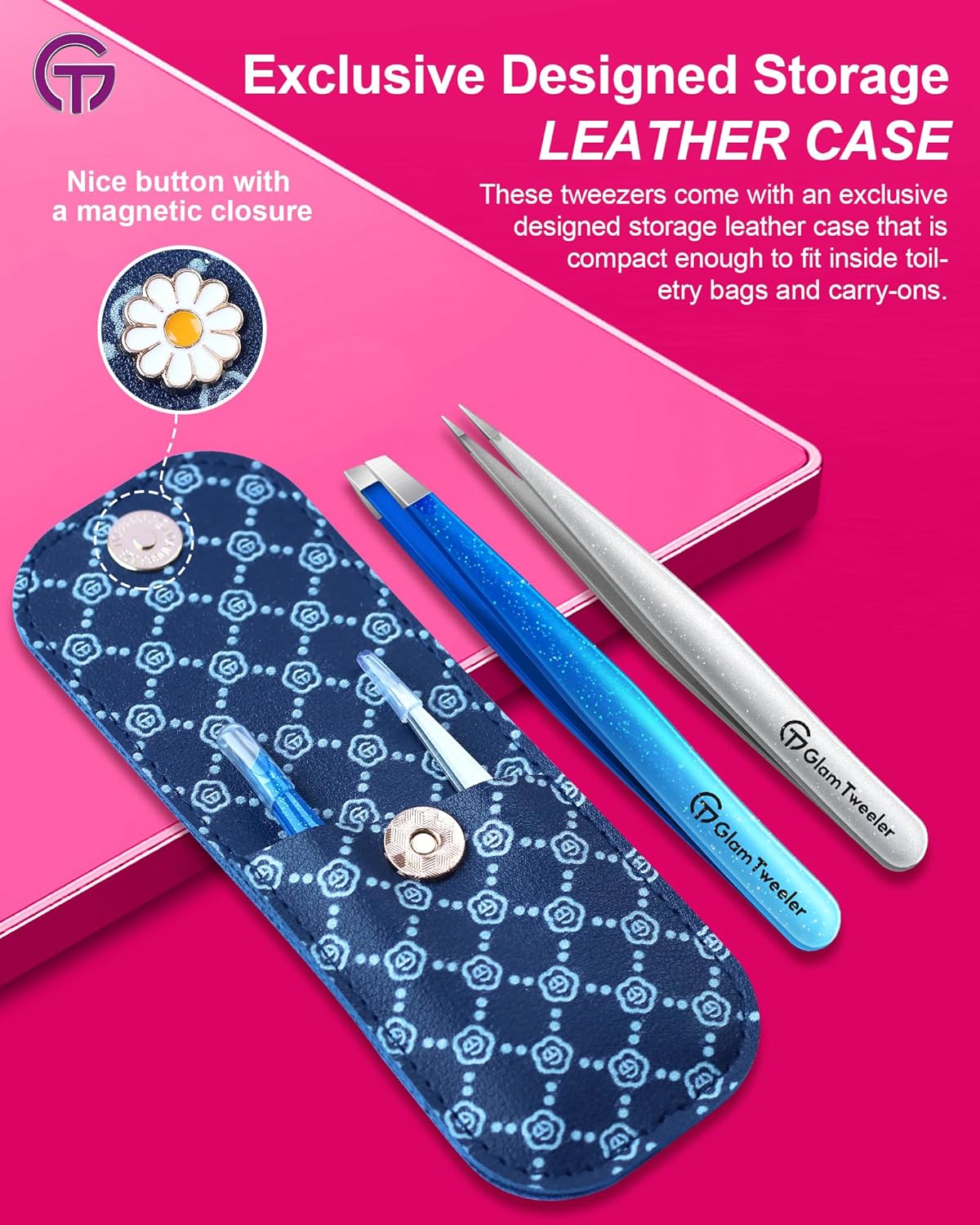 Expert Slant and Point Tip Tweezer Set with Exclusive Storage & Carrying Case, GlamTweeler Sharp & Precision Tweezer Set for Eyebrows, Facial Hairs & Fine Hairs Removal (Sparkle Royal Blue + Silver)