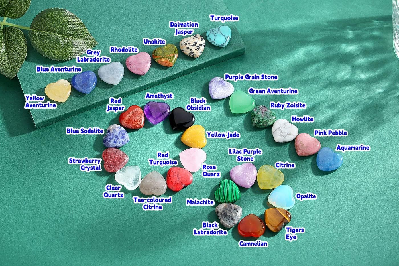 QINJIEJIE 30PCS Heart Crystals Healing Crystal Palm Natural Stones Polished Gemstones Amethyst Malachite Rose Quartz Assorted Set 0.8" Bulk Wholesale Reiki Energy Balancing Love Galentines Day Gifts