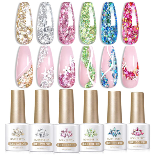Born Pretty Glitter Gel Nail Polish with Sequins, 6 Pcs Gold Silver Purple Green Blue Hot Pink Long Lasting Sparkly Shiny U V Gel Polish Set for Manicure and Nail Art, DIY at Home, Salon-Quality 7ml
