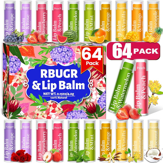 64 Pack Lip Balm, 12 Flavored Organic Natural Lip Balm Bulk Set with Coconut Oil, Moisturizing Lip Balms for Dry Cracked Lips,Bulk Lip Balms Hydrating for Gifts Party Favors(4.2g/0.15oz)