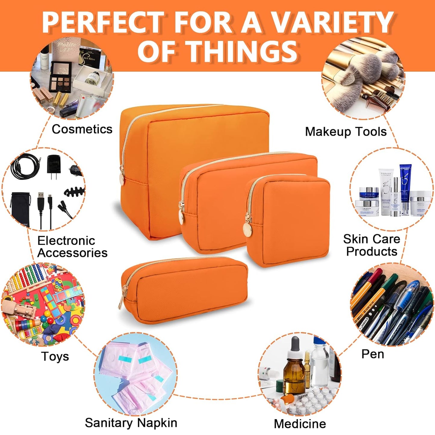 Small Makeup Bag Pouch for Purse, Nylon Travel Toiletry Storage Bag Cute Preppy Cosmetic Bag for Women Girls, Waterproof Makeup Organizer Bag Pouch Skincare Bag Purse with Zipper (Small-Peach)