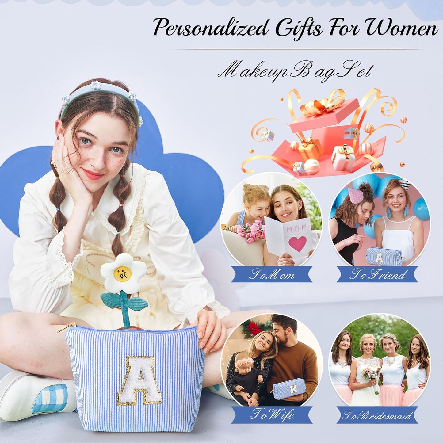 YOOLIFE Teen Girl Gifts | Makeup Bag | Cosmetic Bag | Travel Toiletry Bag | Gifts for Teacher Teen Girls Girlfriend Bridal Shower | Birthday Gifts for Kids | 15 14 13 Year Old Girl Gifts Blue A