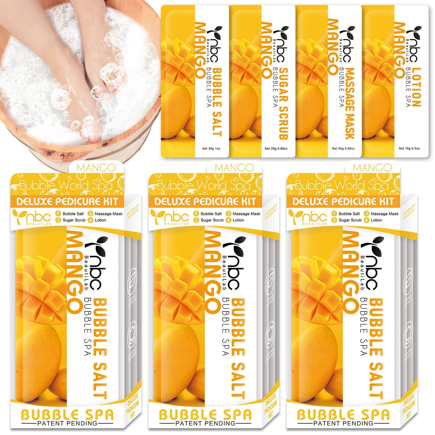 Pedicure Kit Foot Soak Set: Bubble Salt, Sugar Scrub, Massage Mask, Massage Lotion in a Box, 4 Step Foot Spa Kit for Dry Feet,Tired Feet（3 Set Mango)