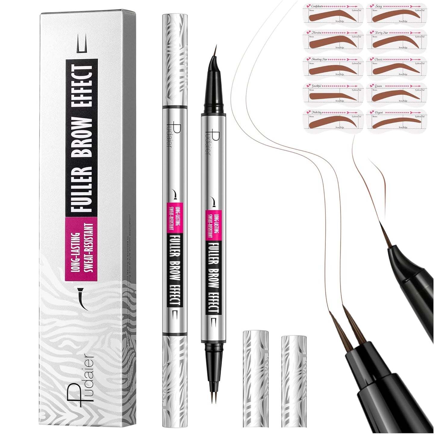 2 Pack 2 Fine Tip Eyebrow Pen, Waterproof Filling Faux Brow Makeup Pencils for Women with Precise Curved Brush-Tip to Fast Create Natural Hair-Like Brows, Last All-Day (Chocolate)