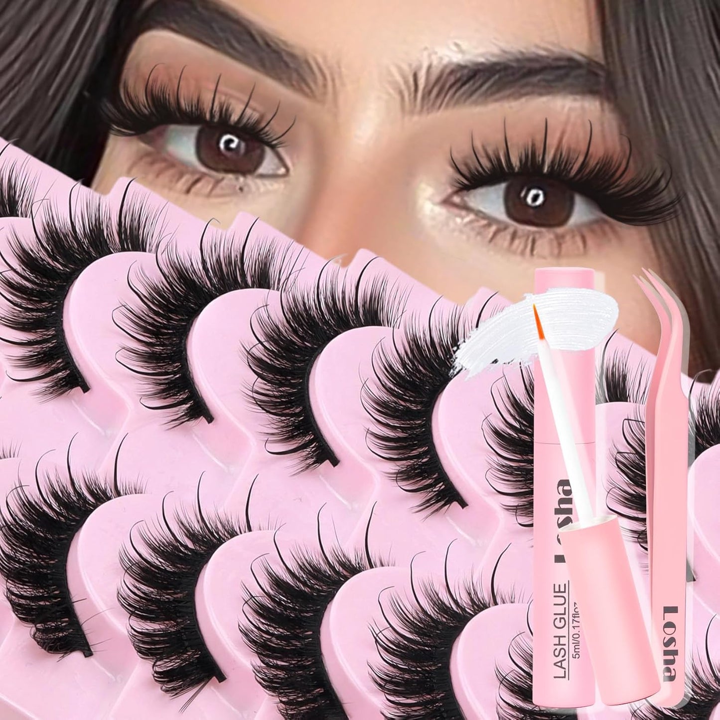 Losha Lashes Fluffy False Eyelashes 10 Pairs Spiky Cat Eye Lashes Kit with Lash Glue and Lash Tweezers 3D Volume Fake Eyelashes Soft Faux Mink Lashes Pack (Bold)