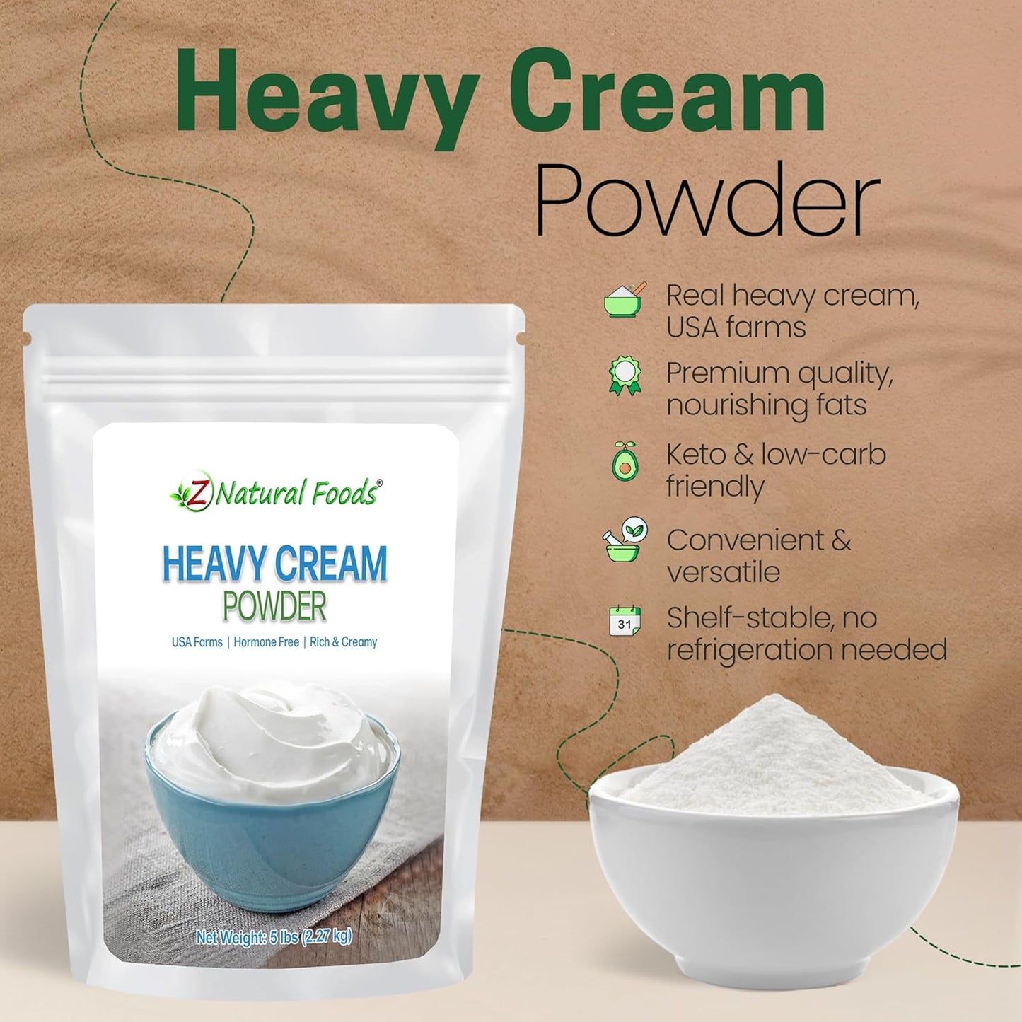 Z Natural Foods Heavy Cream Powder - Nutrient-Dense, Delicious Powdered Cream with 1-Year Shelf Life - Easy to Use & Perfect for Coffee, Baking & Recipes, Keto-Friendly, Gluten-Free, 5 lbs