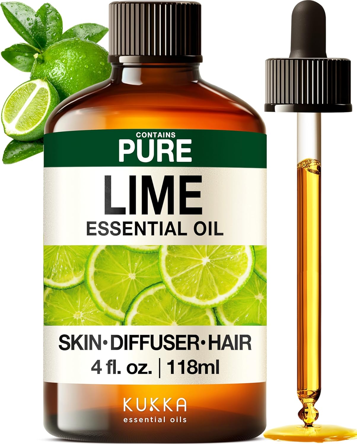 Kukka Lime Essential Oil for Skin - 4 Fl Oz - Lime Oil for Diffuser, Hair, Candles, DIY Soap Making Scents