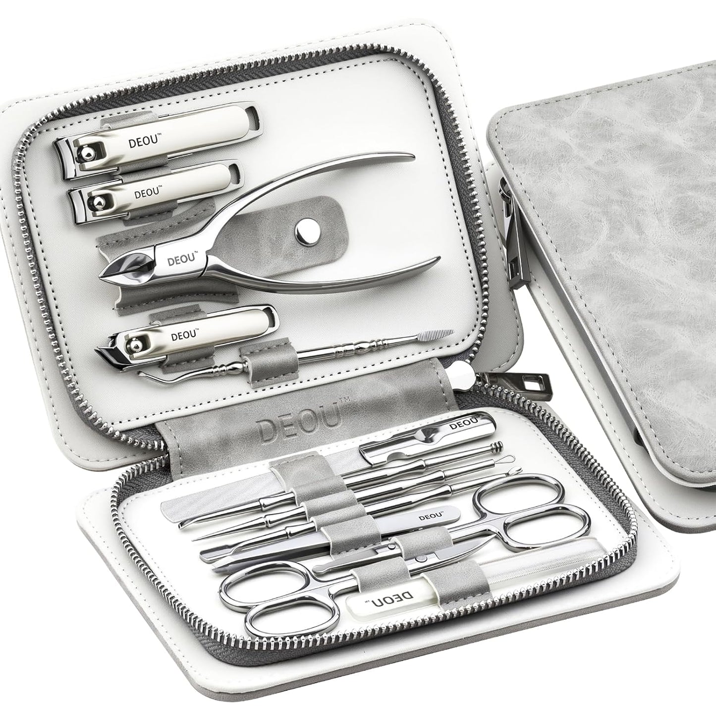 DEOU 13pcs Nail Grooming Kit Stainless Steel Professional Manicure Set Men Nail Care Tools with woman Luxurious Portable Travel Case Gift (Gray)