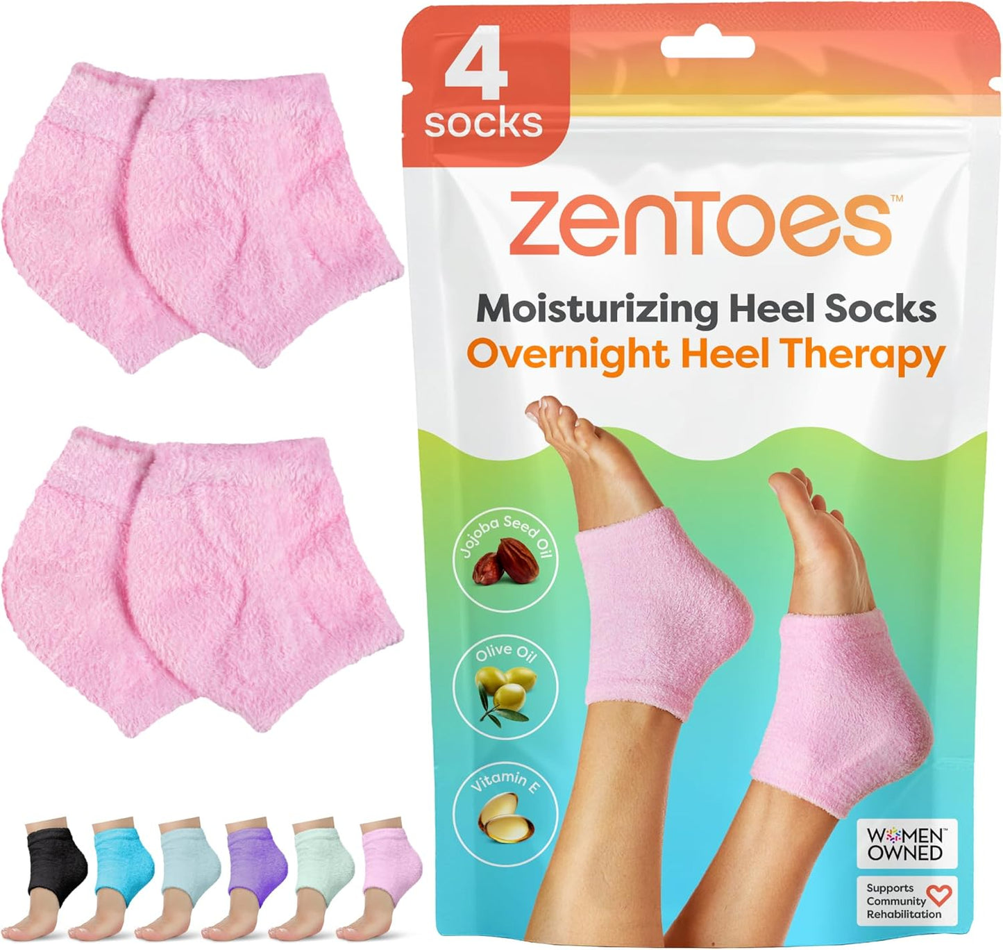 ZenToes Moisturizing Socks for Cracked Heel Treatment - Vitamin E, Olive Oil and Jojoba Oil Infused Heel Socks to Soften and Hydrate (Fuzzy Pink, Regular)