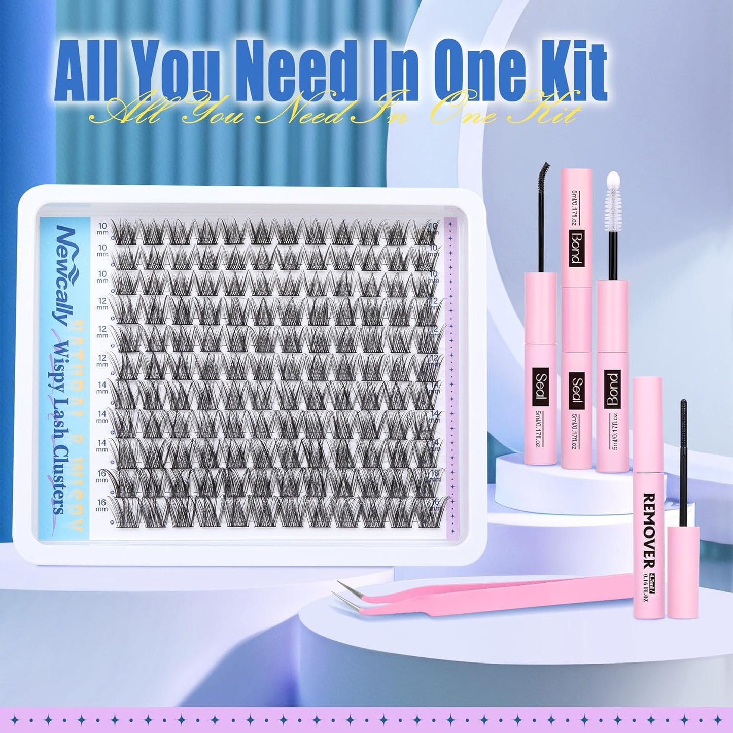 Wispy Lash Clusters Kit DIY Lash Extension Kit Natural Look C-curly Cluster Eyelash Extension Kit Volume 10-16MM Individual Eyelashes Kit with Lash Remover by Newcally