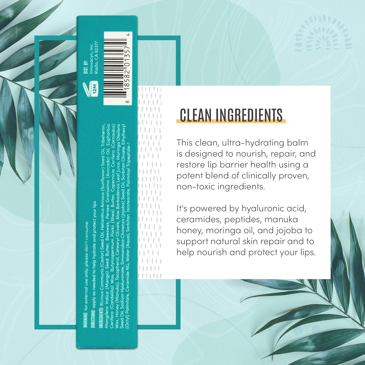 Active Skin Repair Hydrating Lip Balm for Dry Lips, EWG Certified Long-Lasting Moisturizing Lip Balm with Hyaluronic Acid, Peptides, and Ceramides, 10 ml.