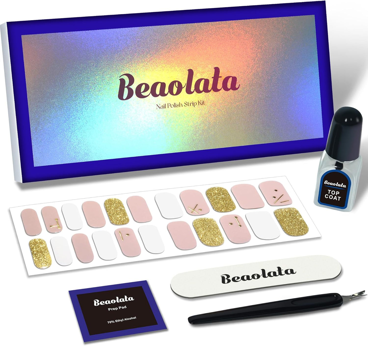 Nail Polish Strips, 44PCS Salon Quality Wraps with Top Coat, Long Lasting Gel Nail Stickers for Women Easy Apply& Remove (Sailing on Pink&Gold)